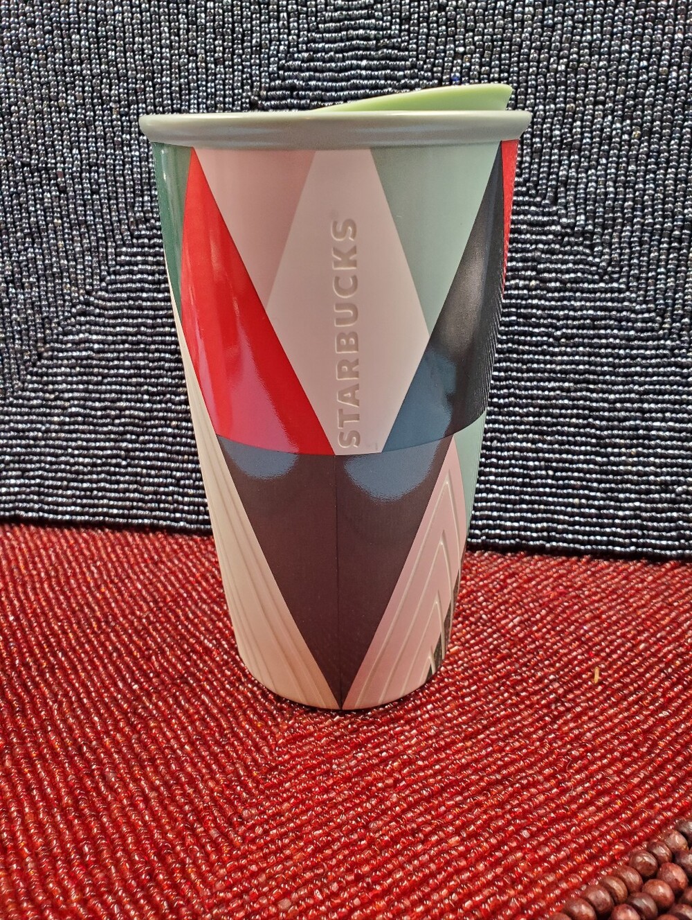 STARBUCKS Ceramic Tumbler Mug Geometric Triangles 12 oz. Mint Green Lid 2017